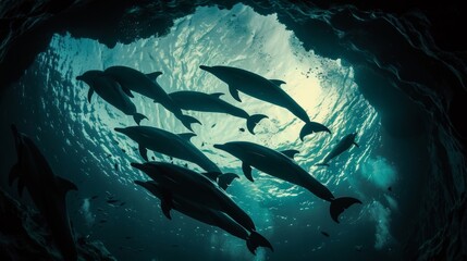 A dynamic scene of a group of dolphins swimming in perfect formation through an underwater tunnel framed by glowing bioluminescent plankton..
