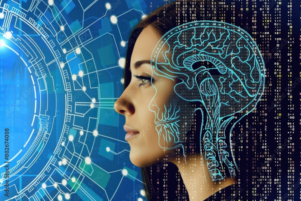 Poster brain scan being performed on a womans head to analyze brain activity, showing intricate details of 