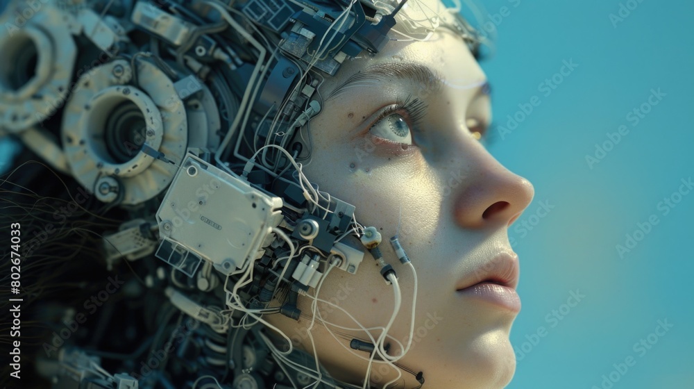Poster a womans head with wires connected to it, showcasing the integration of artificial intelligence and 