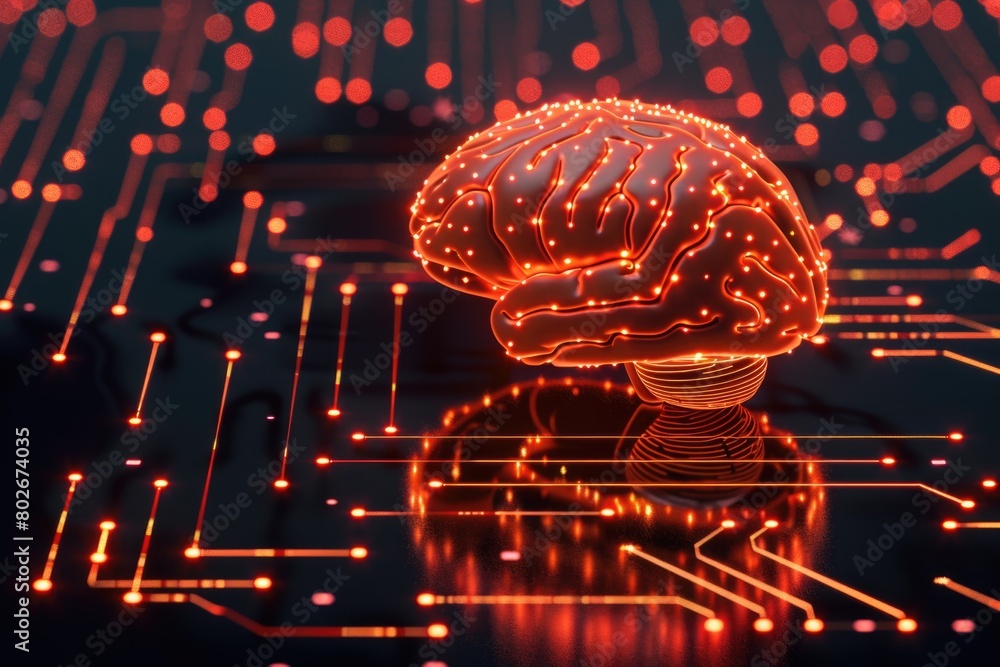 Poster a computer circuit board featuring a glowing brain, symbolizing artificial intelligence and high tec