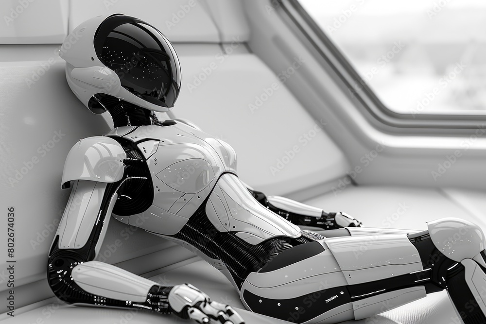 Aufkleber a robot is seated on the floor next to a window, showcasing its hi-tech design and artificial intell