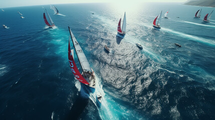 Regatta sailing ship yachts with white sails at opened sea. Aerial view of sailboat in windy...