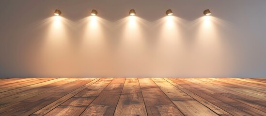 A wooden floor is illuminated by five spotlights in front of a blank white wall.