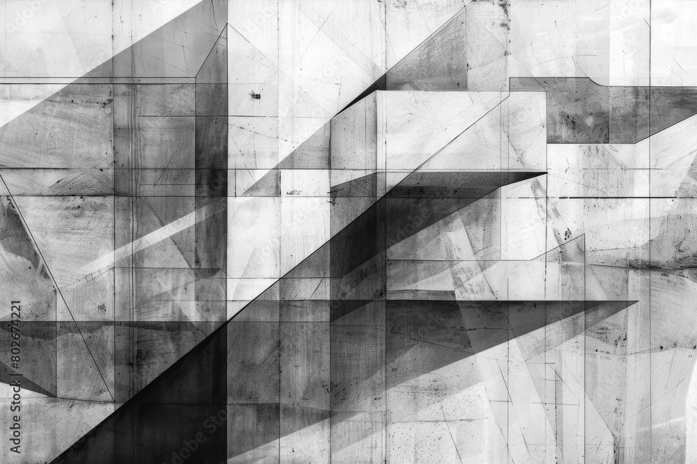 Poster a chaotic composition of intersecting black and white geometric forms and lines