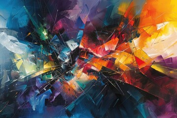 A painting featuring a chaotic array of colorful geometric forms, lines, and fragments