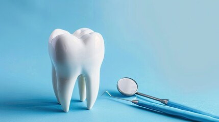3d dentist examination poster with copy space, blue background, free space.