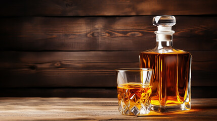 Whiskey with ice or brandy or rum in glass on rustic background. Whiskey or brandy. Selective focus. Rum with ice on wooden background.