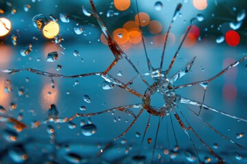 A broken windshield covered in raindrops, reflecting the shattered glass and the droplets on its surface