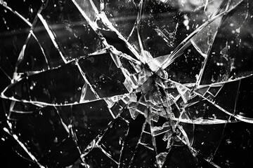 A shattered glass window with numerous sharp shards on a black background