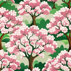 Seamless pattern of blossoming trees with pink and white petals, Generative AI