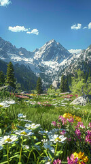 A tranquil alpine meadow dotted with colorful wildflowers, framed by towering snow-capped peaks and a clear blue sky