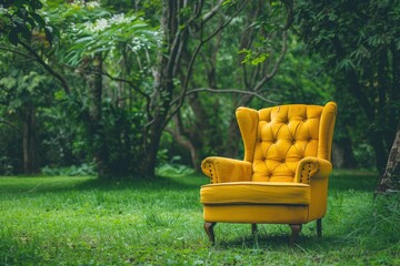 Vintage yellow chair on green grass with trees on background - generative ai