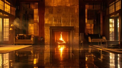 As the fire roars the light bounces off the reflective fireplace surround filling the room with a golden hue. 2d flat cartoon.