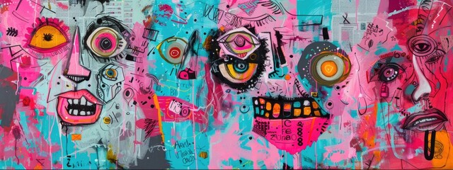 Obraz premium Neon Pop Faces, Abstract Art, Graffiti Influence, Urban Expressionism, Mixed Media Masterpiece 