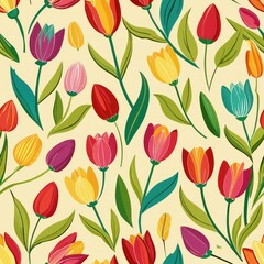 Seamless pattern of colorful tulips swaying in a spring breeze, Generative AI