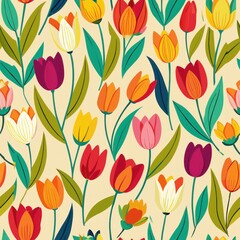 Seamless pattern of colorful tulips swaying in a spring breeze, Generative AI