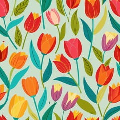 Seamless pattern of colorful tulips swaying in a spring breeze, Generative AI