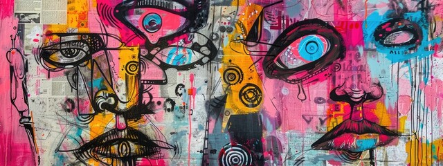 Vibrant Portrait Collage, Neon Faces, Abstract Art, Graffiti Influence, Contemporary Design
