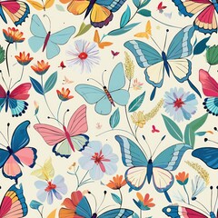 Seamless pattern of delicate butterflies fluttering among spring flowers, Generative AI