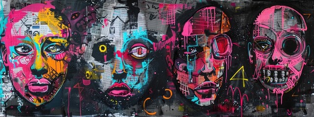 Urban Graffiti Eyes and Gears: street art eyes, mechanical elements, graffiti colors