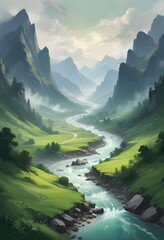 A winding stream flowing through a green valley surrounded by mountains Peaceful nature landscape, A winding river in a mountain valley, River Flowing in a Canyon Between Two Green Top Cliffs.
