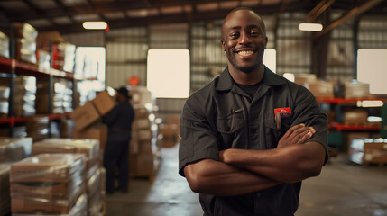 Happy African American male warehouse worker in uniform