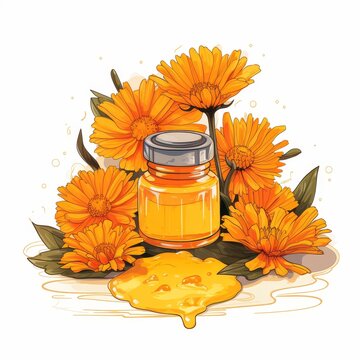 A jar of honey is surrounded by orange flowers