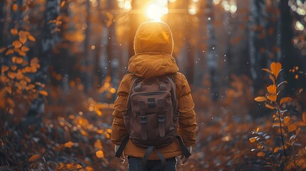 A young boy with a backpack, standing at the edge of a forest, ready to explore the unknown.