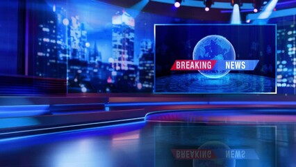 3D Virtual TV Studio News, Backdrop For TV Shows .TV On Wall.3D Virtual News Studio Background,3d illustration