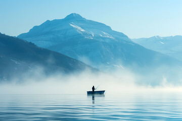 A man is fishing in a boat on a lake with a mountain in the background