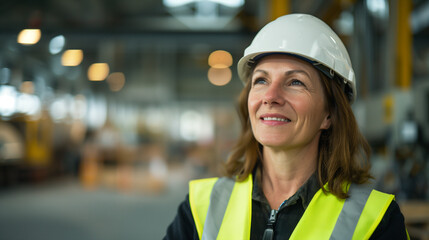 Inspiring female engineer with hard hat looking forward in manufacturing plant