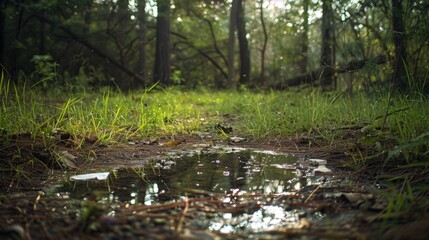Fototapeta premium Rainy Forest Path: Reflective puddle, green surroundings, tranquility 