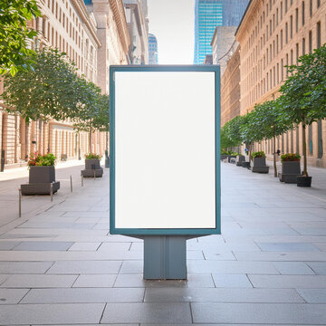 blanker leerer Plakat Aufsteller als Vorlage Hintergrund leere Fl&auml;che Werbung in urbaner Umgebung Stadt Fu&szlig;weg Stra&szlig;e Tafel Botschaft Pr&auml;sentation morgens 