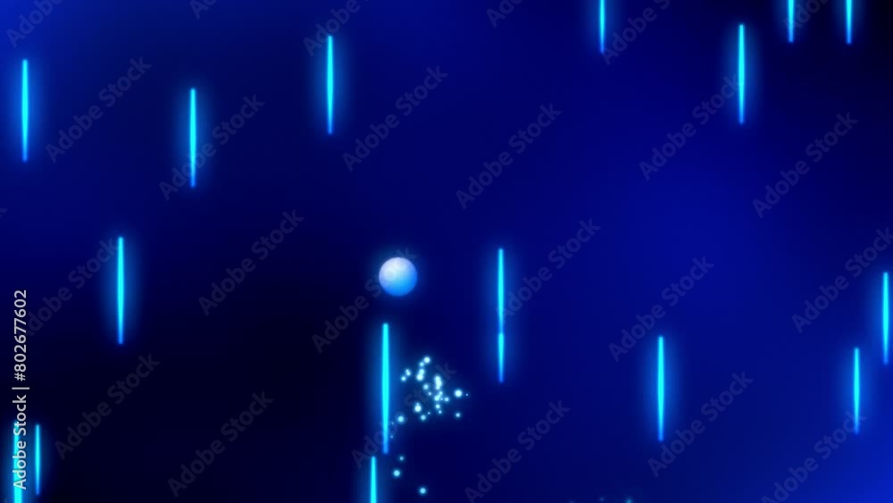 Poster abstract retro game animation of a ball shape flying through obstacles and emitting particles