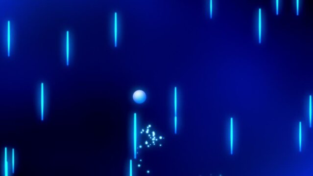 Abstract retro game animation of a ball shape flying through obstacles and emitting particles
