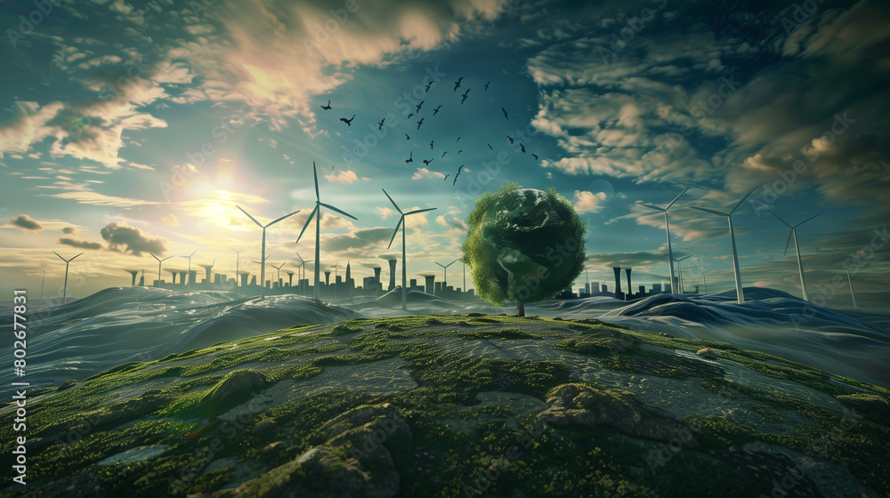 Poster create an image of a future earth where renewable energy sources have replaced fossil fuels.