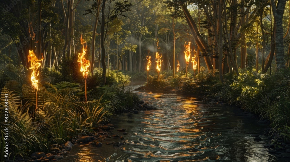 Poster in a tranquil forest glade a delicate balance is found between the elements of fire and water. a sma