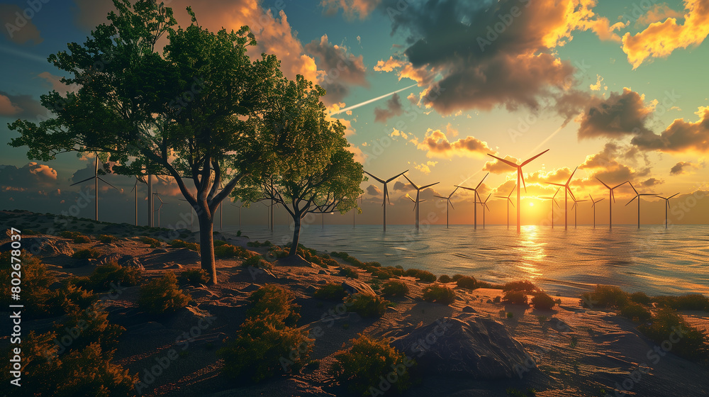 Poster create an image of a future earth where renewable energy sources have replaced fossil fuels.