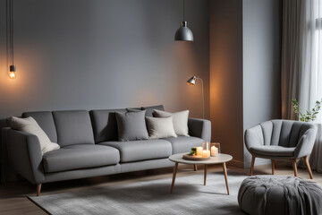 Interior of living room with cozy grey sofa, armchair and glowing lamps