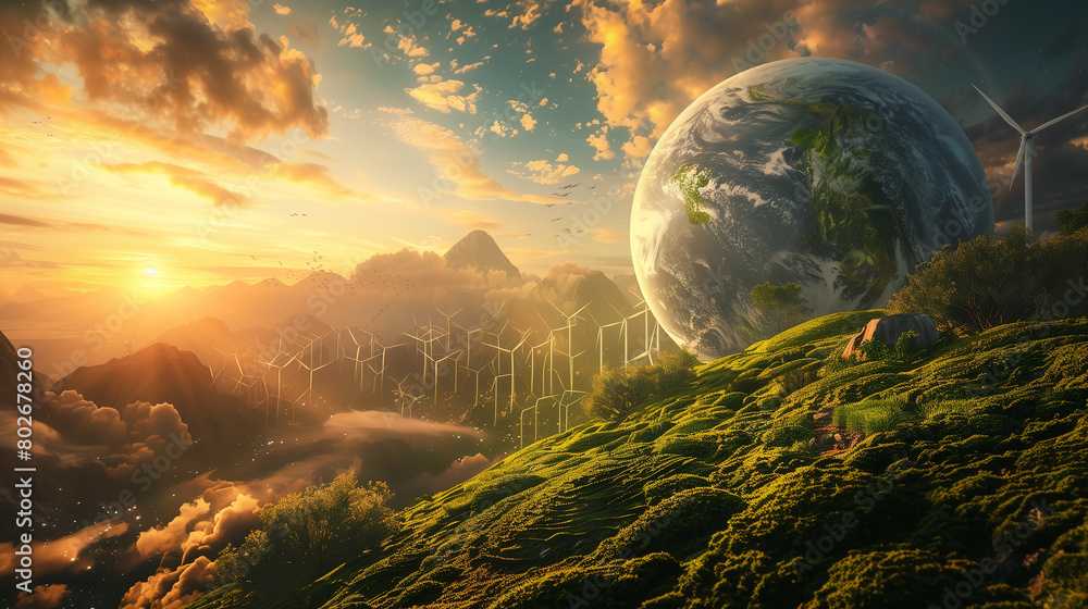 Poster create an image of a future earth where renewable energy sources have replaced fossil fuels.