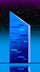 Illustration of a tall building with blue gradient and shining star background