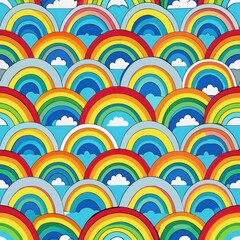 Seamless pattern of rainbow-colored rainbows arching across the sky, Generative AI