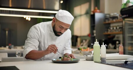 Chef, food and man plating in kitchen with garnish for gourmet meal at luxury hospitality diner. Service, catering and male culinary worker with dinner, lunch or supper at fine dining restaurant.