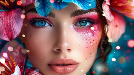 Caravagio surreal lovely woman face with colour eyes shine and background flowers, created by ai