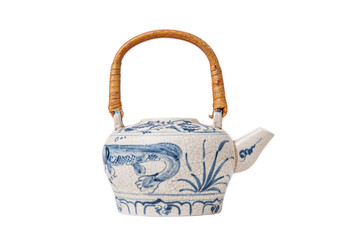Blue and white ceramic teapot with bamboo handle