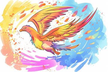 Obraz premium Cartoon cute doodles of a friendly phoenix soaring through the skies, leaving a trail of colorful feathers in its wake, Generative AI
