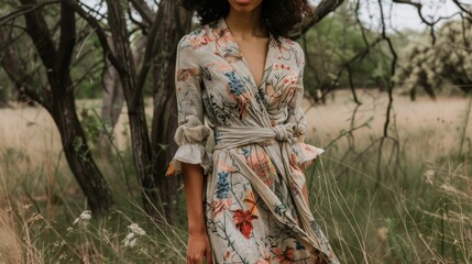 A versatile wrap dress made from organic linen fabric and showcasing a floral print inspired by a blooming garden promoting the use of ecofriendly materials in fashion..