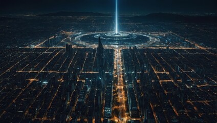 View of cyberpunk city at night