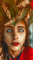 Obraz premium Caravagio surreal lovely woman face with colour eyes shine and background flowers, created by ai