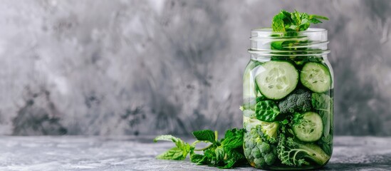 Fresh green vegetables and fruits in a glass jar against a grey background, symbolizing a spring diet and promoting healthy raw vegetarian and vegan lifestyles.